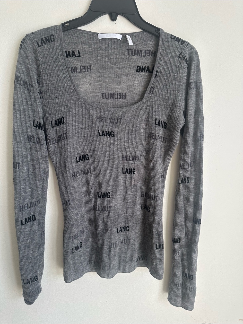 Helmut Lang Gray Ribbed Logo Scoop Neck Top
